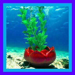Aquarium Decoration - Red Orange Lotus Flower with Tall Green Plant.